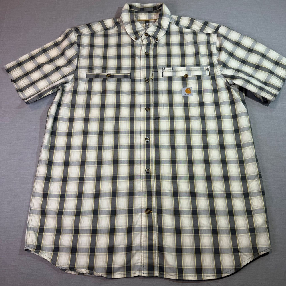 Carhartt Force Shirt Mens L Grey Plaid Excellent Relaxed Fit Short Sleeve Button